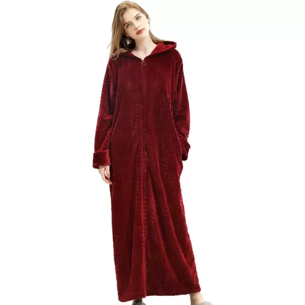 Flygo Women's Zip Up Hooded Bathrobe Long Plush Flannel Fleece Robe Housecoat Sleepwear Dressing Gown