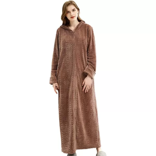 Flygo Women's Zip Up Hooded Bathrobe Long Plush Flannel Fleece Robe Housecoat Sleepwear Dressing Gown