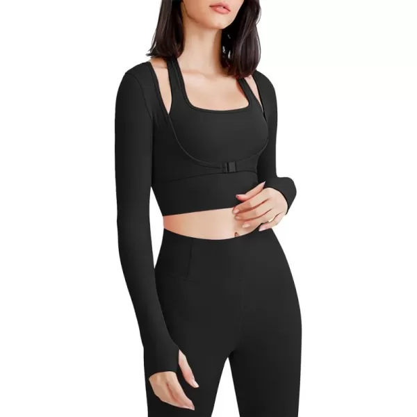 Flygo Yoga Shirts with Built in Bra Cutout Padded Crop Tops Long Sleeve Gym T Shirt for Women Workout