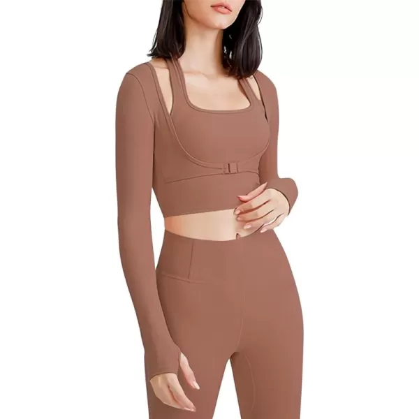 Flygo Yoga Shirts with Built in Bra Cutout Padded Crop Tops Long Sleeve Gym T Shirt for Women Workout