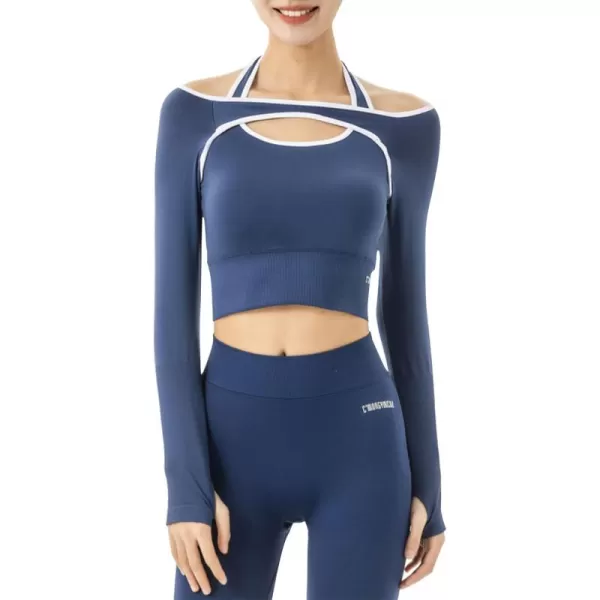Flygo Yoga Shirts with Built in Bra Cutout Padded Crop Tops Long Sleeve Gym T Shirt for Women Workout
