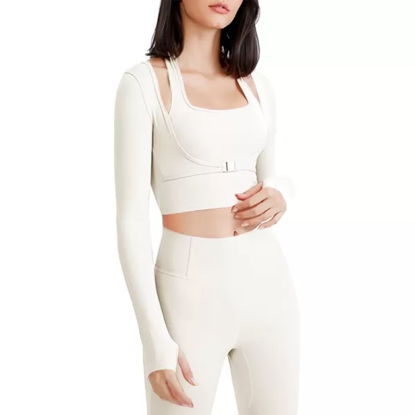 Flygo Yoga Shirts with Built in Bra Cutout Padded Crop Tops Long Sleeve Gym T Shirt for Women Workout