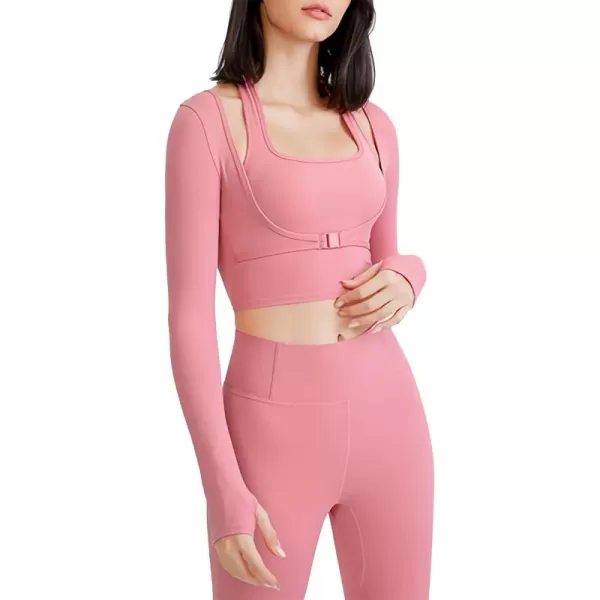 Flygo Yoga Shirts with Built in Bra Cutout Padded Crop Tops Long Sleeve Gym T Shirt for Women Workout