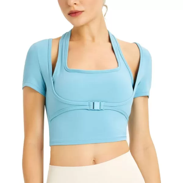 Flygo Yoga Shirts with Built in Bra Cutout Padded Crop Tops Long Sleeve Gym T Shirt for Women Workout