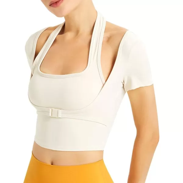 Flygo Yoga Shirts with Built in Bra Cutout Padded Crop Tops Long Sleeve Gym T Shirt for Women Workout