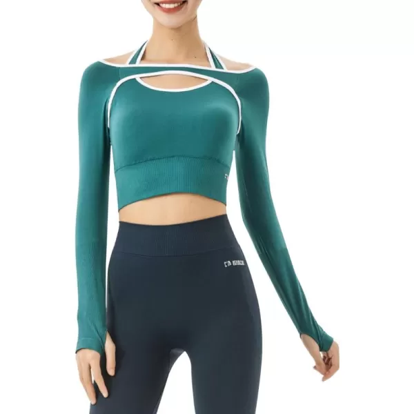 Flygo Yoga Shirts with Built in Bra Cutout Padded Crop Tops Long Sleeve Gym T Shirt for Women Workout
