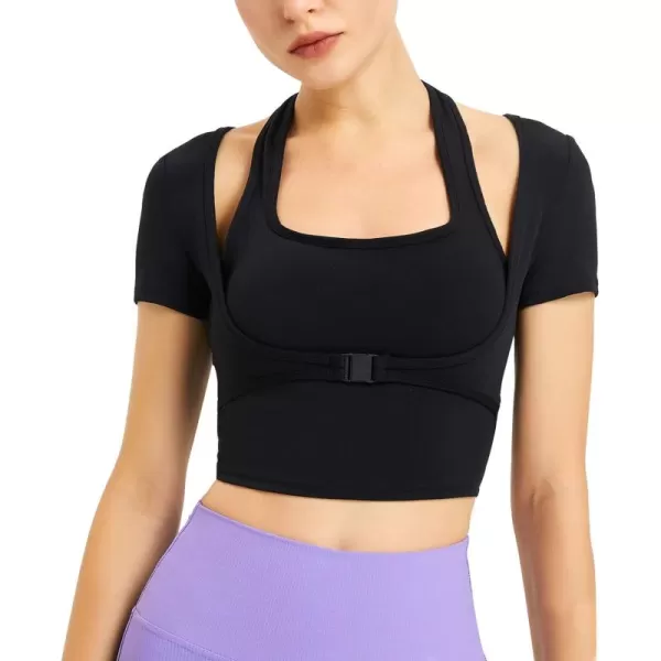 Flygo Yoga Shirts with Built in Bra Cutout Padded Crop Tops Long Sleeve Gym T Shirt for Women Workout