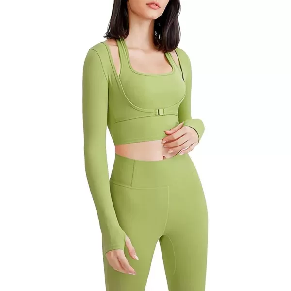 Flygo Yoga Shirts with Built in Bra Cutout Padded Crop Tops Long Sleeve Gym T Shirt for Women Workout