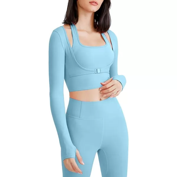 Flygo Yoga Shirts with Built in Bra Cutout Padded Crop Tops Long Sleeve Gym T Shirt for Women Workout