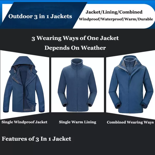 Flygo Mens 3-in-1 Interchange Winter Jacket Outdoor Waterproof Softshell Rain Jacket