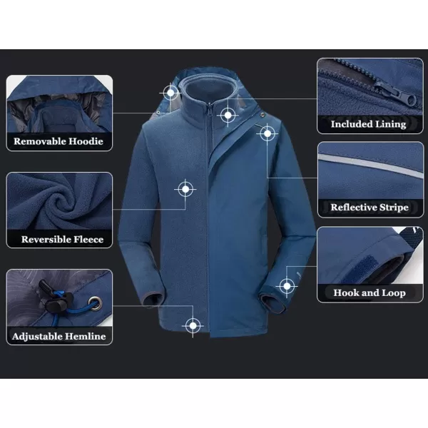 Flygo Mens 3-in-1 Interchange Winter Jacket Outdoor Waterproof Softshell Rain Jacket