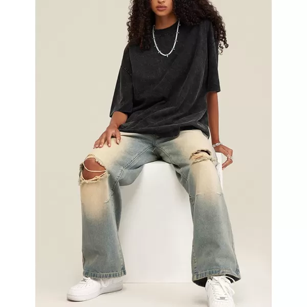 Flygo Men's Oversized Vintage T-Shirts Cotton Streetwear Short Sleeve Solid Basic Tee Shirt Acid Wash Casual Hip Hop Tops