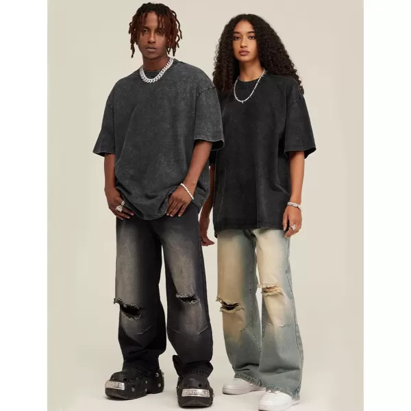Flygo Men's Oversized Vintage T-Shirts Cotton Streetwear Short Sleeve Solid Basic Tee Shirt Acid Wash Casual Hip Hop Tops