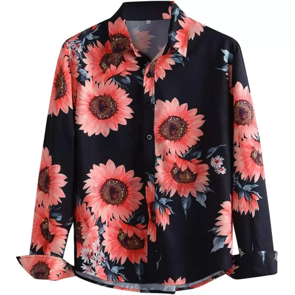 Flygo Men's Slim Fit Long Sleeve Tops Floral Printed Beach Hawaiian Button-Down Blouse Lapel Shirts