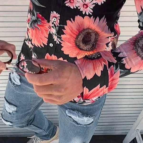 Flygo Men's Slim Fit Long Sleeve Tops Floral Printed Beach Hawaiian Button-Down Blouse Lapel Shirts