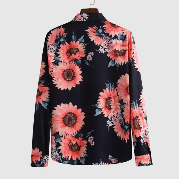 Flygo Men's Slim Fit Long Sleeve Tops Floral Printed Beach Hawaiian Button-Down Blouse Lapel Shirts