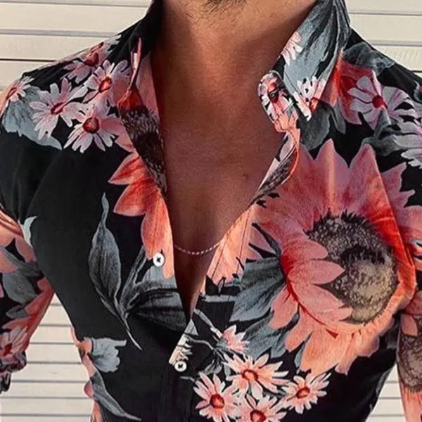 Flygo Men's Slim Fit Long Sleeve Tops Floral Printed Beach Hawaiian Button-Down Blouse Lapel Shirts