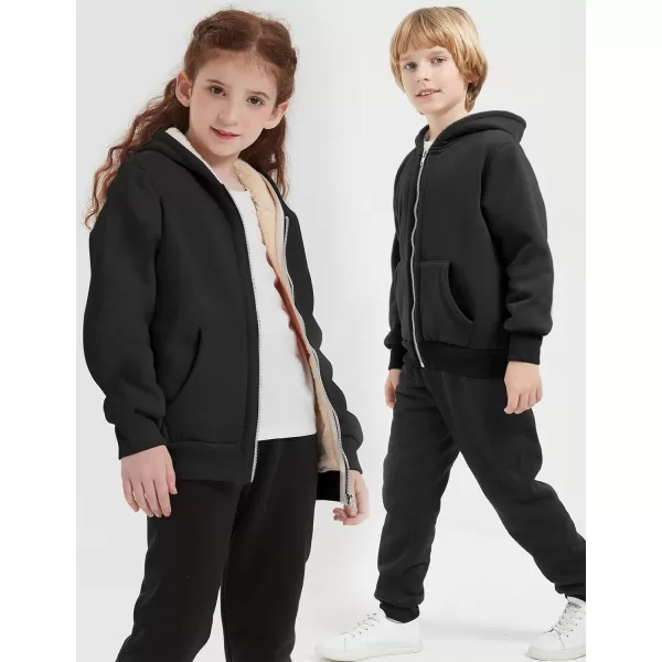 Flygo Unisex Boys Girls Fleece Jacket Hoodie Sherpa Lined Zip Up Hooded Sweatshirt Kids Winter Jackets