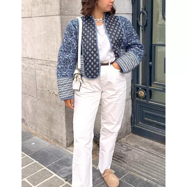 Flygo Women Cropped Puffer Jacket Cardigan Floral Printed Quilted Coats Lightweight Open Front Crop Padded Down Jackets