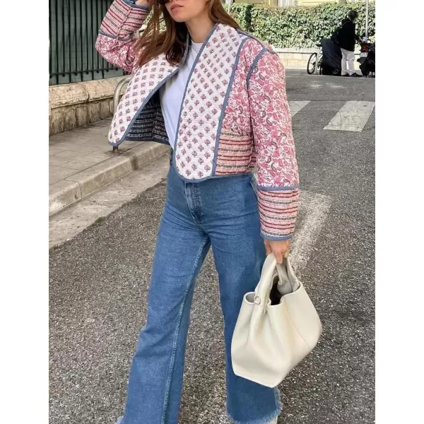 Flygo Women Cropped Puffer Jacket Cardigan Floral Printed Quilted Coats Lightweight Open Front Crop Padded Down Jackets