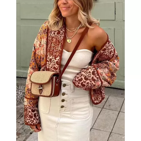 Flygo Women Cropped Puffer Jacket Cardigan Floral Printed Quilted Coats Lightweight Open Front Crop Padded Down Jackets