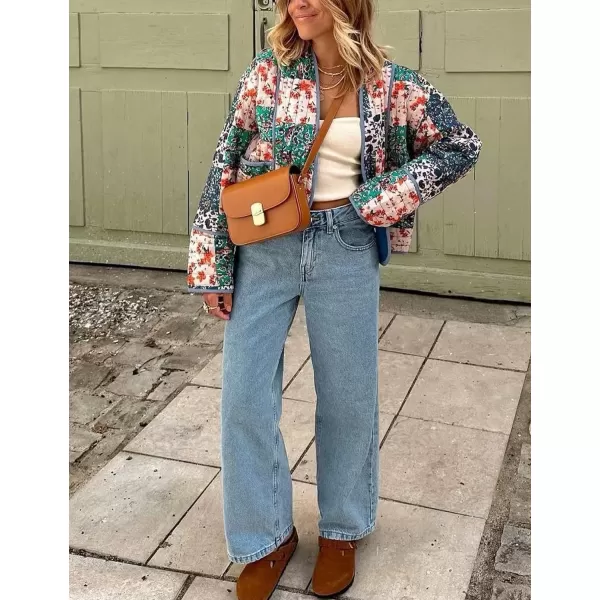Flygo Women Cropped Puffer Jacket Cardigan Floral Printed Quilted Coats Lightweight Open Front Crop Padded Down Jackets