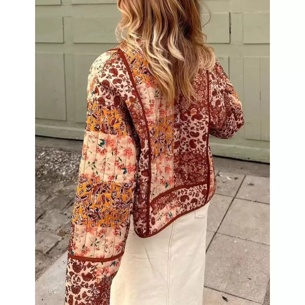 Flygo Women Cropped Puffer Jacket Cardigan Floral Printed Quilted Coats Lightweight Open Front Crop Padded Down Jackets