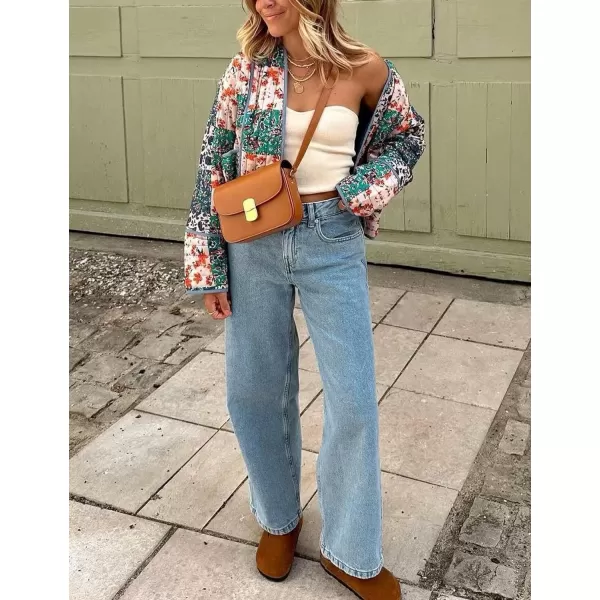 Flygo Women Cropped Puffer Jacket Cardigan Floral Printed Quilted Coats Lightweight Open Front Crop Padded Down Jackets