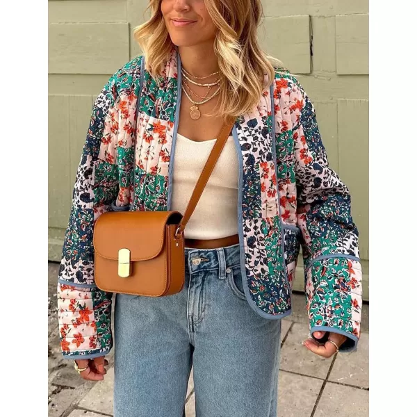 Flygo Women Cropped Puffer Jacket Cardigan Floral Printed Quilted Coats Lightweight Open Front Crop Padded Down Jackets