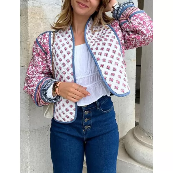 Flygo Women Cropped Puffer Jacket Cardigan Floral Printed Quilted Coats Lightweight Open Front Crop Padded Down Jackets