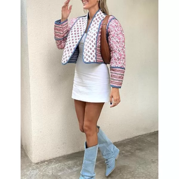 Flygo Women Cropped Puffer Jacket Cardigan Floral Printed Quilted Coats Lightweight Open Front Crop Padded Down Jackets