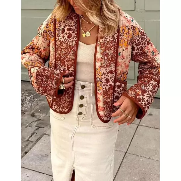 Flygo Women Cropped Puffer Jacket Cardigan Floral Printed Quilted Coats Lightweight Open Front Crop Padded Down Jackets
