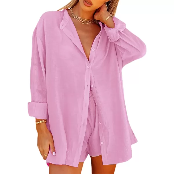 Flygo Women Summer Casual 2 Piece Outfits Button Down Shirt Blouse High Waist Shorts Tracksuit Set