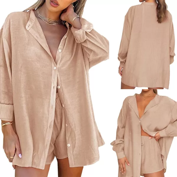 Flygo Women Summer Casual 2 Piece Outfits Button Down Shirt Blouse High Waist Shorts Tracksuit Set