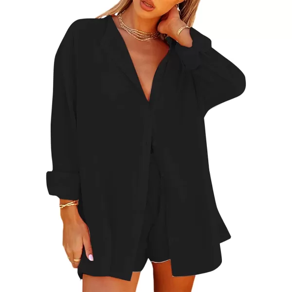 Flygo Women Summer Casual 2 Piece Outfits Button Down Shirt Blouse High Waist Shorts Tracksuit Set
