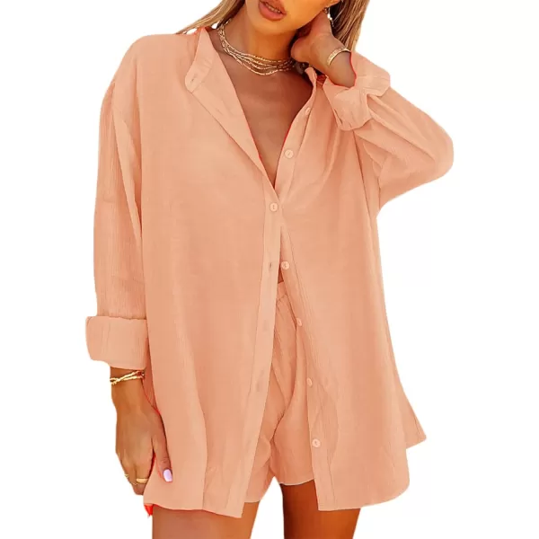 Flygo Women Summer Casual 2 Piece Outfits Button Down Shirt Blouse High Waist Shorts Tracksuit Set