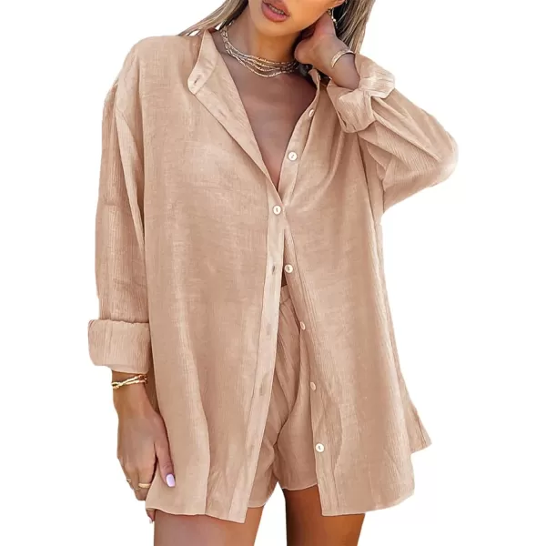 Flygo Women Summer Casual 2 Piece Outfits Button Down Shirt Blouse High Waist Shorts Tracksuit Set