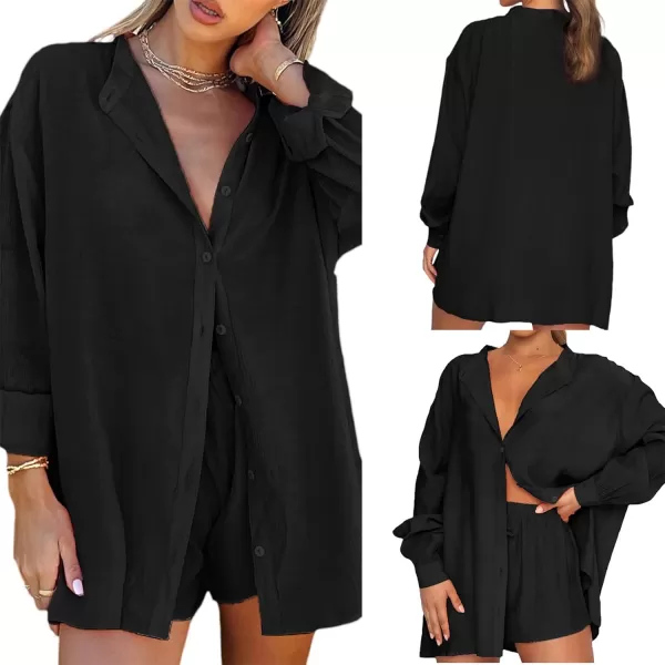 Flygo Women Summer Casual 2 Piece Outfits Button Down Shirt Blouse High Waist Shorts Tracksuit Set