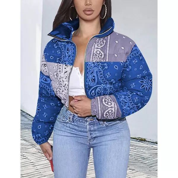 Flygo Women's Bandana Print Y2K Cropped Puffer Jacket Padded Zip Up Bubble Coat