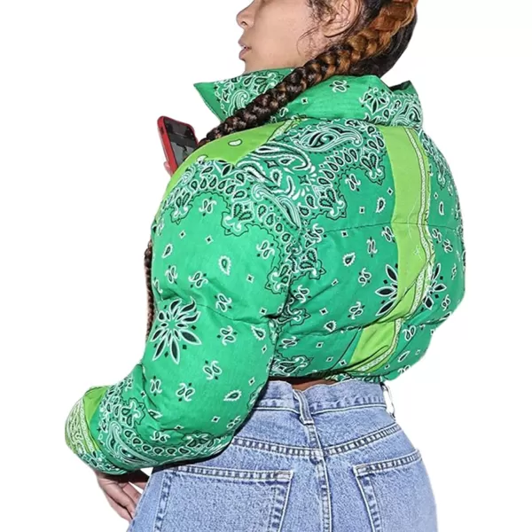 Flygo Women's Bandana Print Y2K Cropped Puffer Jacket Padded Zip Up Bubble Coat
