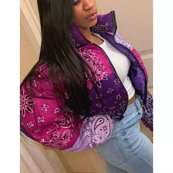 Flygo Women's Bandana Print Y2K Cropped Puffer Jacket Padded Zip Up Bubble Coat