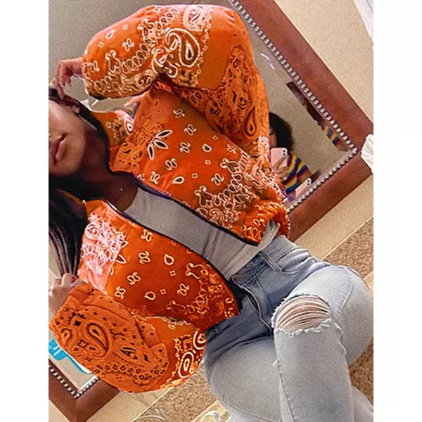 Flygo Women's Bandana Print Y2K Cropped Puffer Jacket Padded Zip Up Bubble Coat