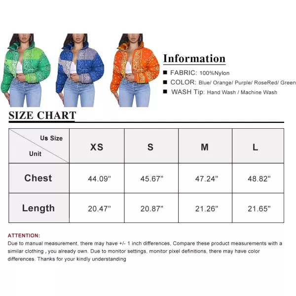 Flygo Women's Bandana Print Y2K Cropped Puffer Jacket Padded Zip Up Bubble Coat