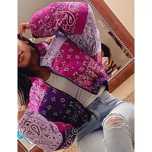 Flygo Women's Bandana Print Y2K Cropped Puffer Jacket Padded Zip Up Bubble Coat
