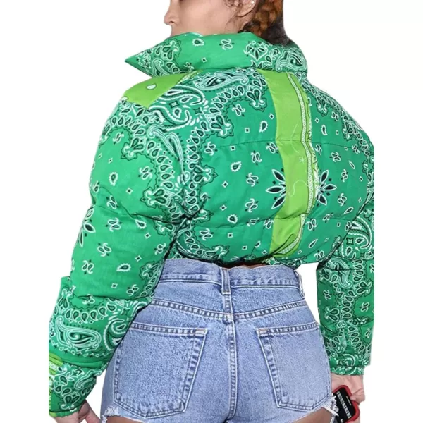 Flygo Women's Bandana Print Y2K Cropped Puffer Jacket Padded Zip Up Bubble Coat