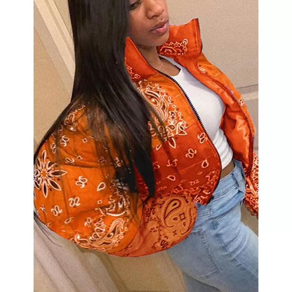 Flygo Women's Bandana Print Y2K Cropped Puffer Jacket Padded Zip Up Bubble Coat