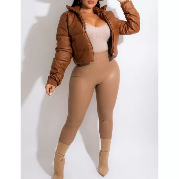 Flygo Women's Faux Leather Cropped Puffer Jacket PU Leather Zip Up Winter Padded Down Coat