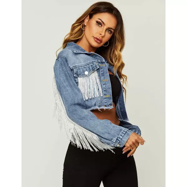 Flygo Women's Fringe Jean Jacket Button Down Raw Hem Tassel Crop Denim Jackets