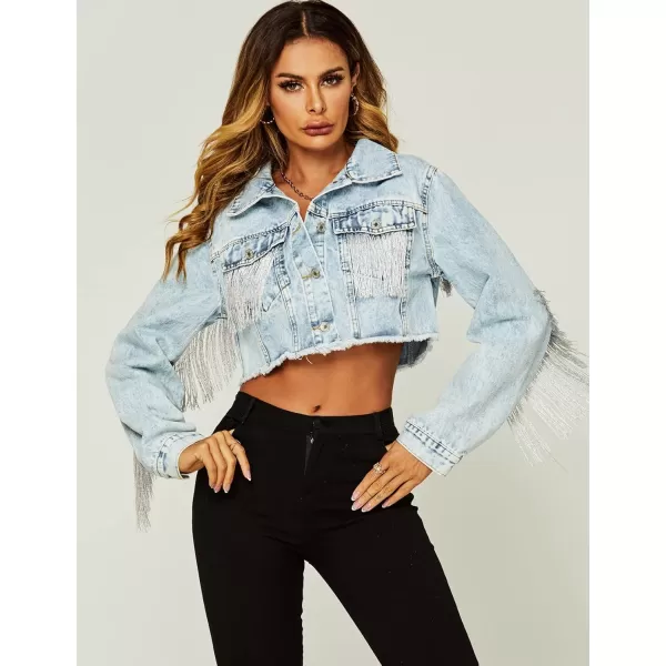 Flygo Women's Fringe Jean Jacket Button Down Raw Hem Tassel Crop Denim Jackets