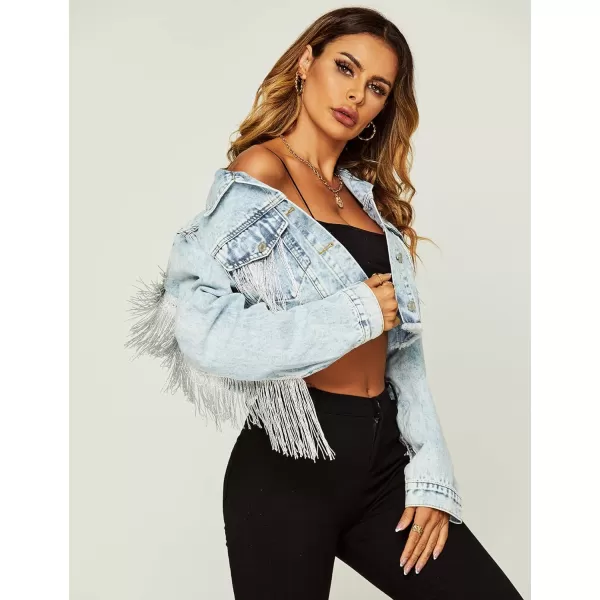 Flygo Women's Fringe Jean Jacket Button Down Raw Hem Tassel Crop Denim Jackets